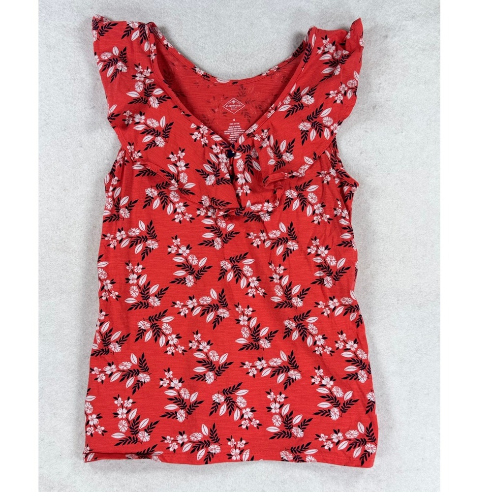 St Johns Bay Womens Red‎ Floral Ruffle Neck Cotton Sleeveless Top Size Small